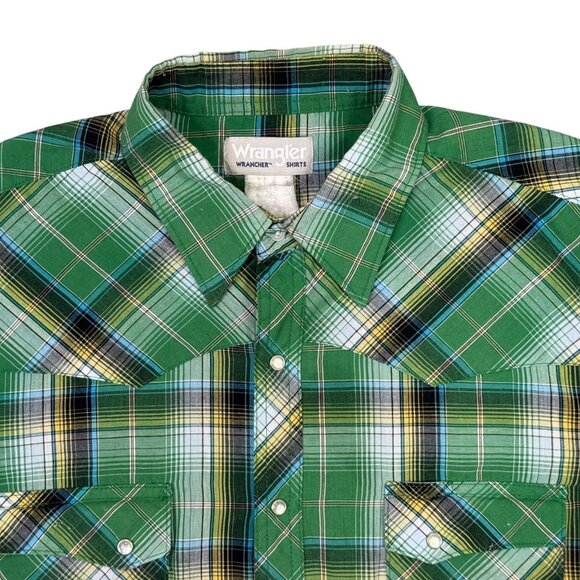 Wrangler Wrancher Shirt Mens XL Green Plaid Western Pearl Snap Rockabilly Cowboy - Picture 2 of 11